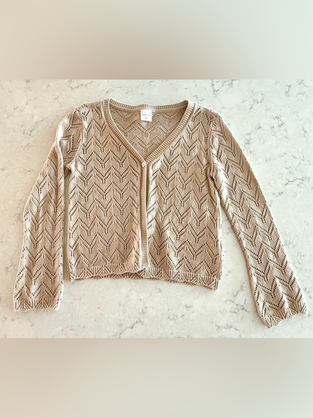 Abercrombie Kids Pointelle Chevron Cardigan Girls Size 13/14 Tan Beige Knit NWOT